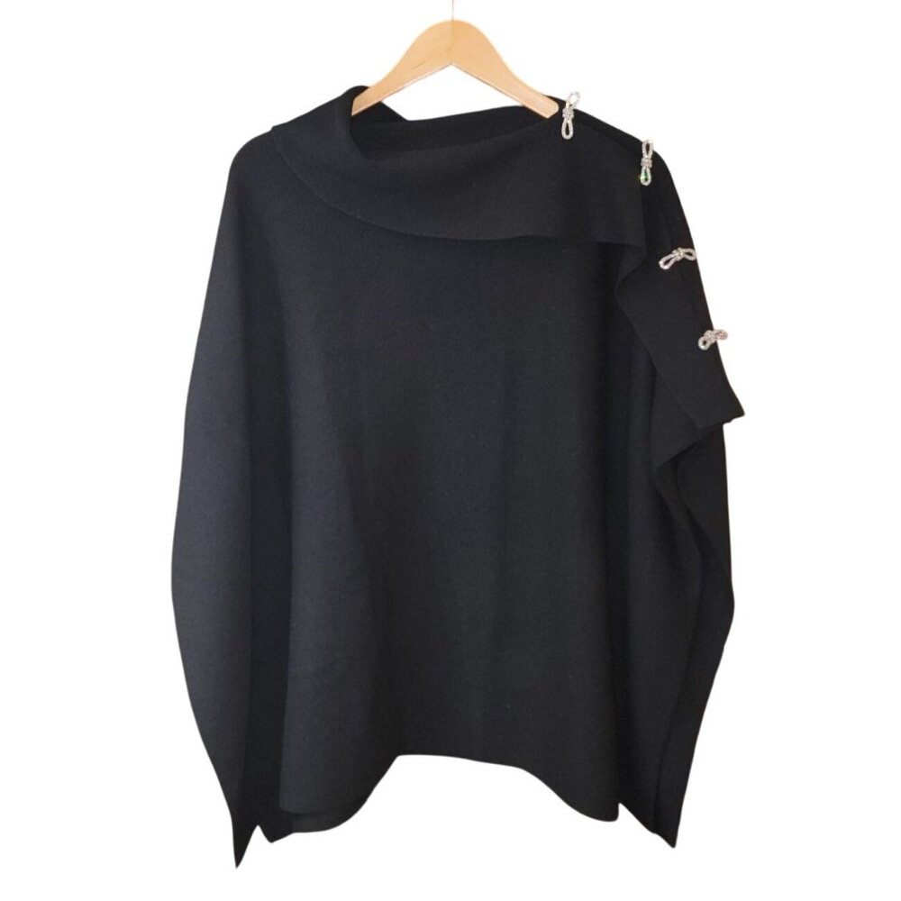Chico’s NWT Black Cashmere-Blend Poncho Sweater Rhinestone Bow Sleeve $129 MSRP